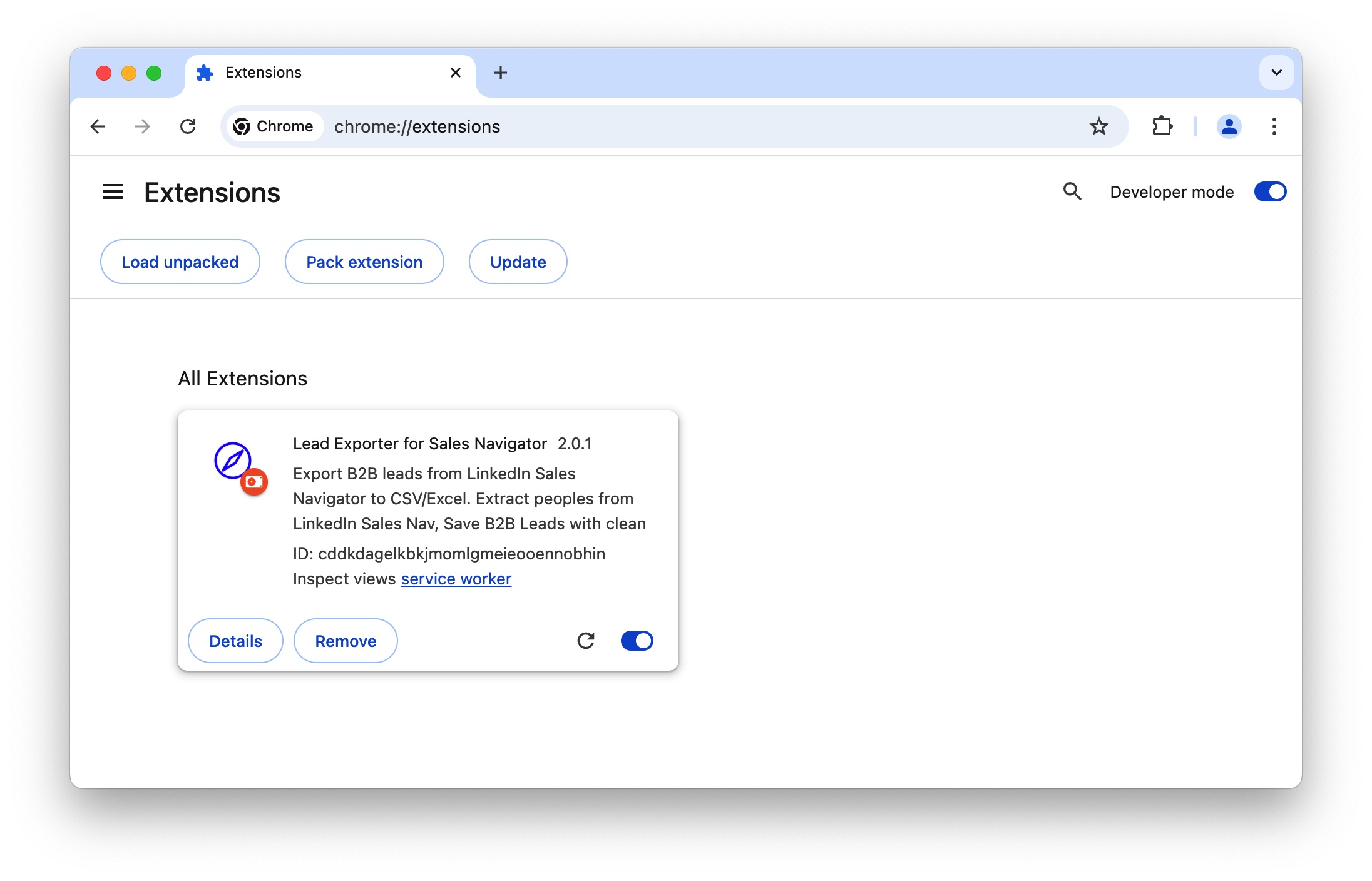 LinkedIn Sales Nav Lead Exporter chrome extension install done