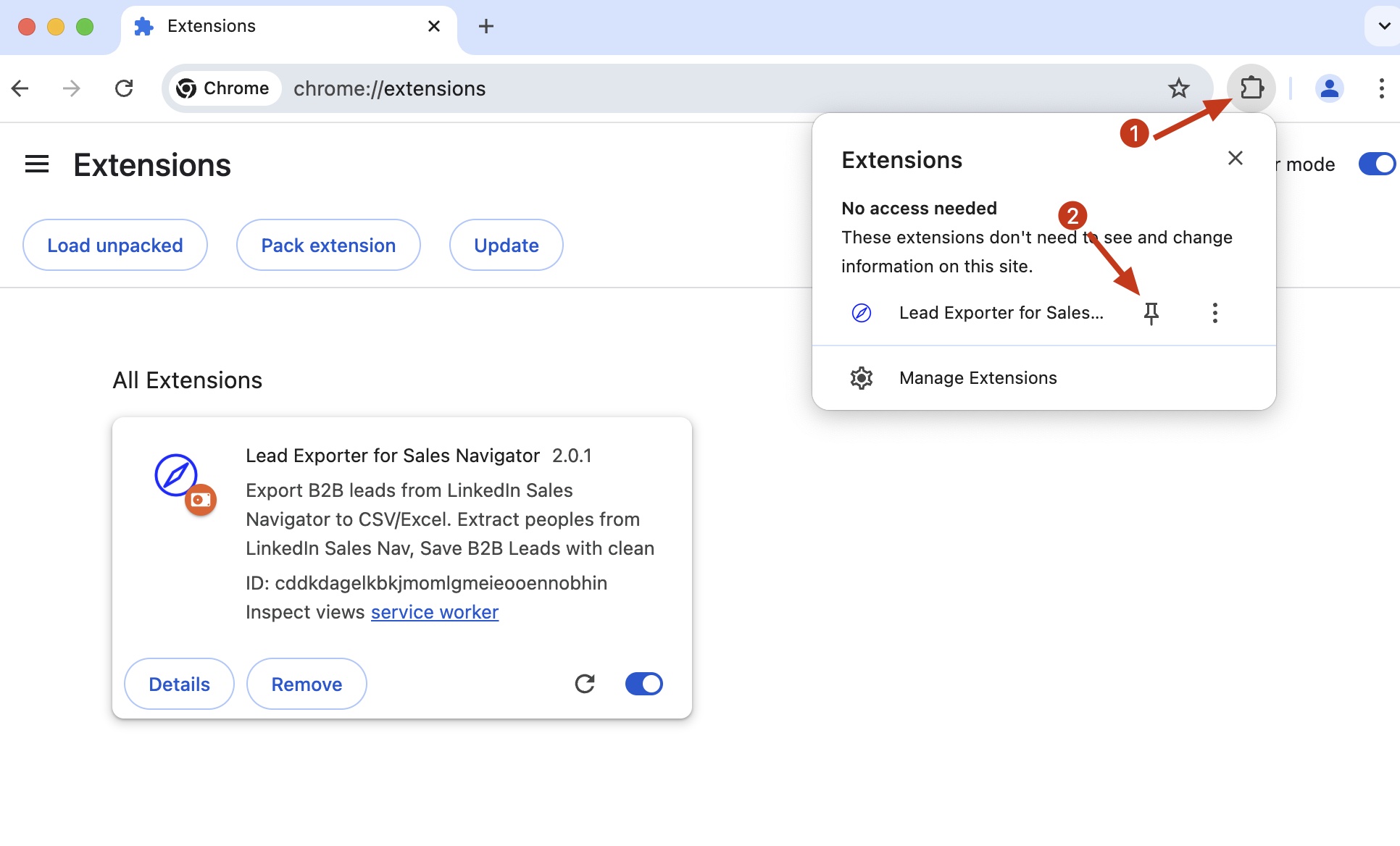 LinkedIn Sales Nav Lead Exporter chrome extension install pin
